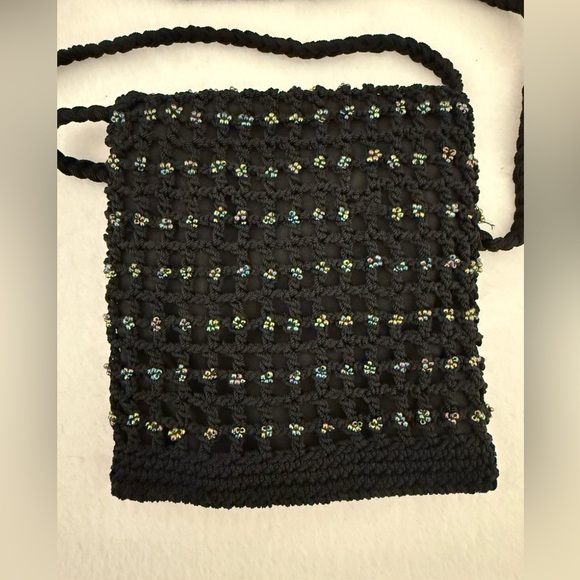 Crochet Iridescent Beaded Boho Mini Crossbody Purse Braided Strap Navy‎ Blue - Picture 2 of 5